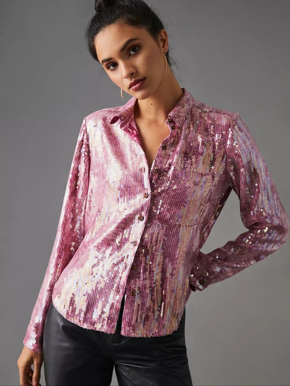 PILCRO Anthropologie Shrunken Sequin Button Up Blouse Pink Size Small